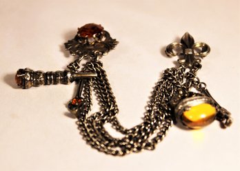 Multi Chain Sweater Pins Amber Glass Stones Victorian Revival