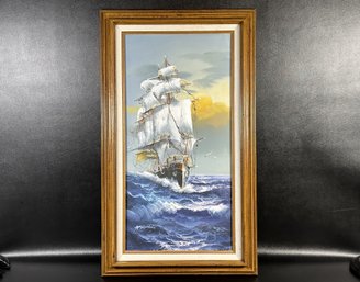 Original Oil On Canvas, Tall Ship At Sea, Signed