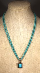 Turquoise Sterling Silver Pendant On Beaded Double Strand Necklace