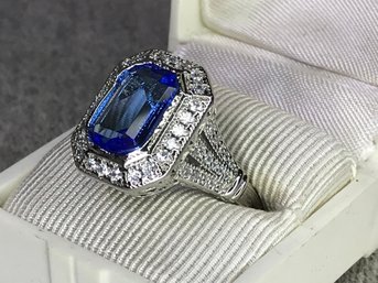 Beautiful Brand New Sterling Silver / 925 Ring With Tanzanite And Encrusted With White Zircons - Very Pretty !