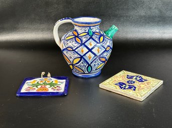 A Selection Of Compatible Pottery: Pitcher With Floral Frog In Bottom & Decorative Tiles