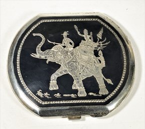 Vintage Siam Sterling Silver Ladies Compact In Niello Having Riders On Elephant And Dancer 90.0 Grams