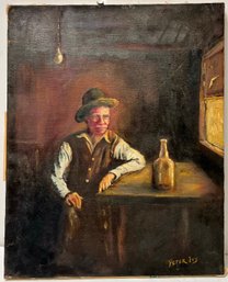 Vtg Oil Painting - Solitary Drinking  - Sheep Rancher Man Bottle Bare Light Bulb Table - Unframed 15.75 X 20