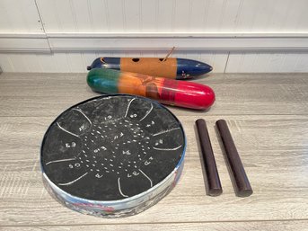 Instrument Lot With Steel Drum, Claves, And Guiro