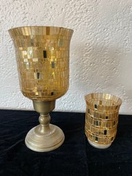 Tall Brass Metal Pedestal Holder In Gold/Red Mosaic Hurricane Candle Set