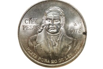 1978 Silver Coin Estados Unidos Mexicanas 100 Pesos Pure 20 Gr Silver