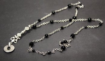 Fine Sterling Silver Elongated Chain Necklace W Pendant Black Onyx Stones