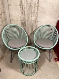 Lot 2 - Orange Casual 3 Piece Patio Bistro Set Mint Green Woven Rope Seats 18x20x34 And Side Table