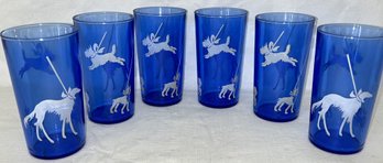 Set Of 6 Vintage HAZEL ATLAS Mid Century Modern Blue Tumbler Glasses- Dog On Leash Design