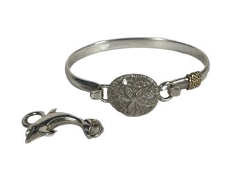 Fine Sterling Silver 14K Gold Cuff Bracelet, Interchangeable Top Links Dolphin Sand Dollar