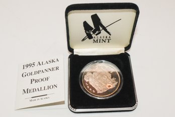 1995 Alaska Gold Panner Proof Medallion 1 Oz .999 Silver W/ Genuine Gold Nugget