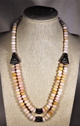 Pink Stone Silver Tone Double Strand Necklace