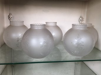 Lot Of Five (5) Victorian Style Frosted & Etched Lamp Globes - Ruffled Top Edge - HARD TO FIND ! - Nice !