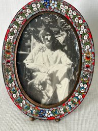 Antique Italian Pietra Dura Micromosaic Oval Frame On Stand