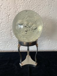 Large Vintage Lead Crystal Ball Sphere On Tripod Metal Stand