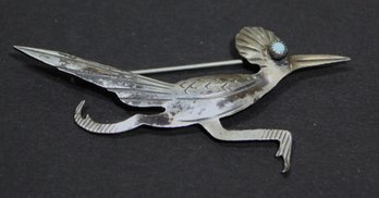 Southwestern Sterling Silver Turquoise Roadrunner Bird Brooch