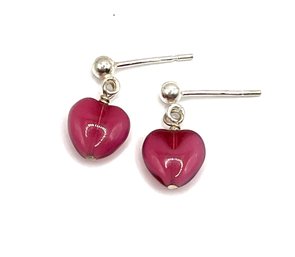 Vintage Sterling Silver Dark Pink Heart Dangle Earrings