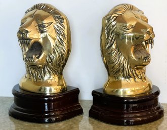 Striking Vintage Cast Brass Lion Head On Wood Base Bookends-1989