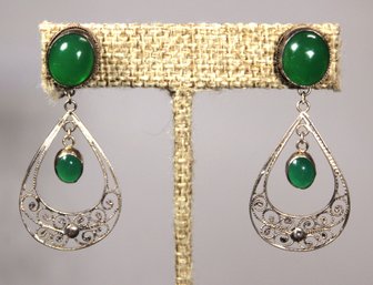 Fancy Filigree Sterling Silver Pierced Earrings Having Green Jadeite Stones
