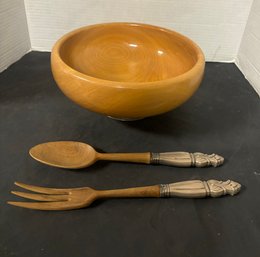 Mid Century Turned Wood Salad Bowl On A Sterling Silver Base With Sterling Handle Fork & Spoon.    DOF / D2