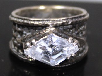 Wide Band Sterling Silver Woven Design CZ Ladies Ring Size 6.5