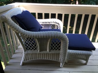 Fantastic Quality White Wicker Chair With Matching Ottoman With Beautiful Navy Blue Cushions - NICE SET !