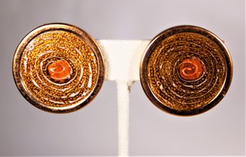 Orange Colored Round Matisse Enamel On Copper Earrings Ear Clips