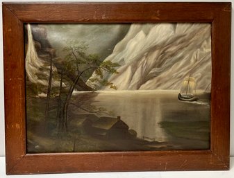 Antique Oil On Canvas Tonalism Painting - Dark Moody Scene - Boat Mountain House On Shore - 21.75 X 26.5