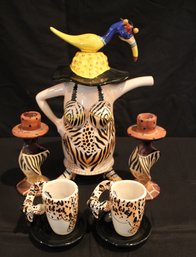 Lydia Corneille For SWAK Teapot And Cups Plus A Pair Of Twisted Candleholders