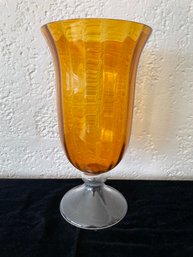 Amber Vintage Blown Pedestal Flower Ribbed Art Glass Vase