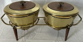 Rare 1950s Mid Century Modern GEORGES BRIARD Double Bowl Warming Set- Fire King Inserts