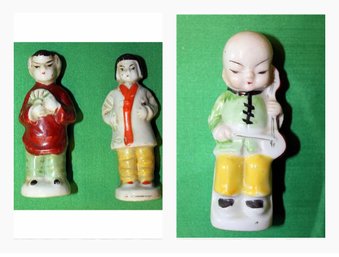 Vtg 3 Tiny Figurine Asian Figures Occupied Japan Man W/ Violin