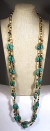 Ethnographic Genuine Shell And Turquoise Double Strand Necklace 34'