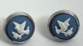 AVON SILVER TONE BLUE & WHITE BIRD ON BRANCH EARRINGS