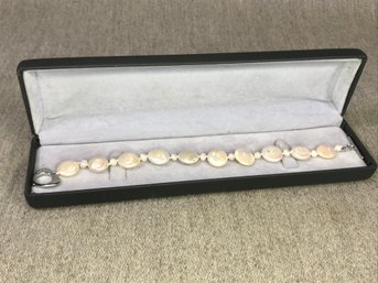 Lovely Brand New Genuine Cultured Coin Dot Pearl Bracelet With Sterling Silver Heart Toggle Clasp - Nice !