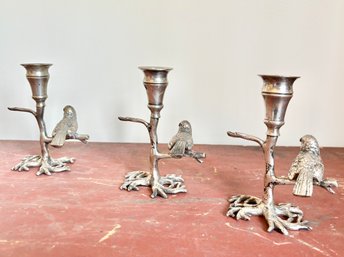 Trio Of Bird On A Branch Candle Holders