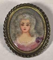 Vintage 1920s Watercolor Portrait Brass Framed Brooch