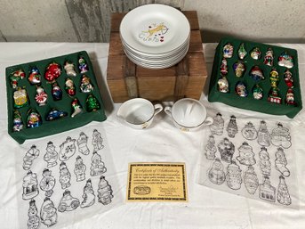 Thomas Pacconi Holiday Christmas Ornaments And Set Of 8 Potterybarn Reindeer Plates W/ Cream And Sugar Bowl