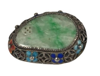 Antique Chinese Silver, Enamel And Apple Jade Carved Chinese Export Brooch