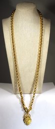 Signed Joan Rivers Gold Tone Elongated Chain And Pendant W Rhinestones 30' Long