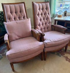 Pair Of 1960s Upholstered Tufted And Cane Arm Chairs