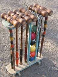 Antique Wood Croquet Set Complete With Stand