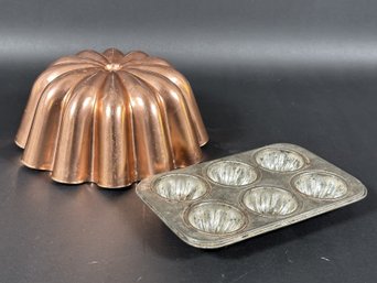 Vintage Kitchen Tins: Copper-Toned Mold & Steel Tala Muffin Tin