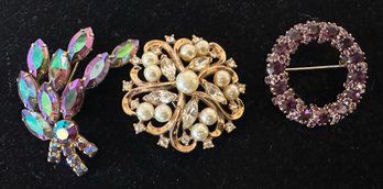 Trio Of Vintage Pins, Pearls, Crystals And More