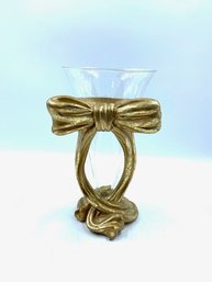 Gold Gilt Resin Figural Bow Stand W/ Clear Flared Glass Cone Vase Insert