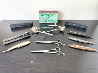 Vintage Barbershop Group Of Straight Razors & Scissors