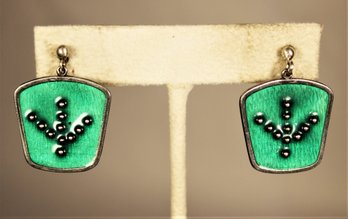 Pair Fine MCM Art Moderne Green Enamel Scandinavian Pierced Earrings