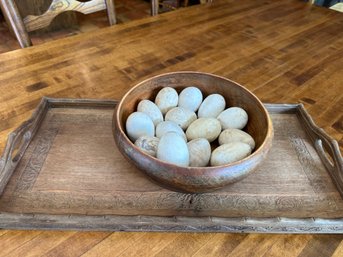 Wood Basket With Eggs And Wood Tray