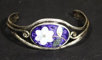 Vintage Mexican Silver Cuff Bracelet Lapis And Mother Of Pearl Floral Motif