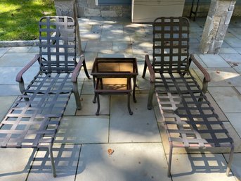 Pair Of Coleman Outdoor Lounge Chairs & Two Nesting Glass Top Tables
